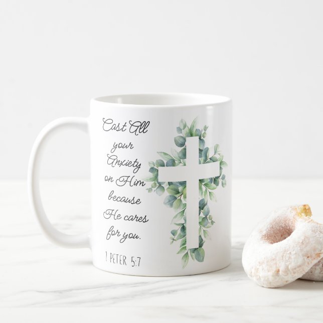 Cast All your Anxiety on Him Eucalyptus Cross Coffee Mug (With Donut)