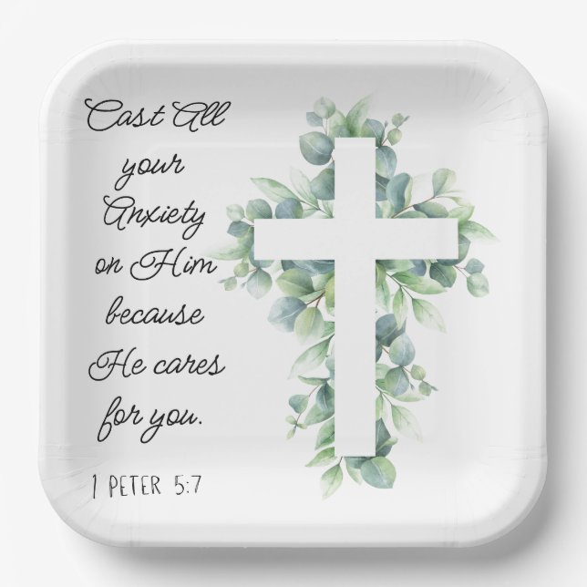 Cast All your Anxiety on Him Eucalyptus Cross Paper Plate (Front)