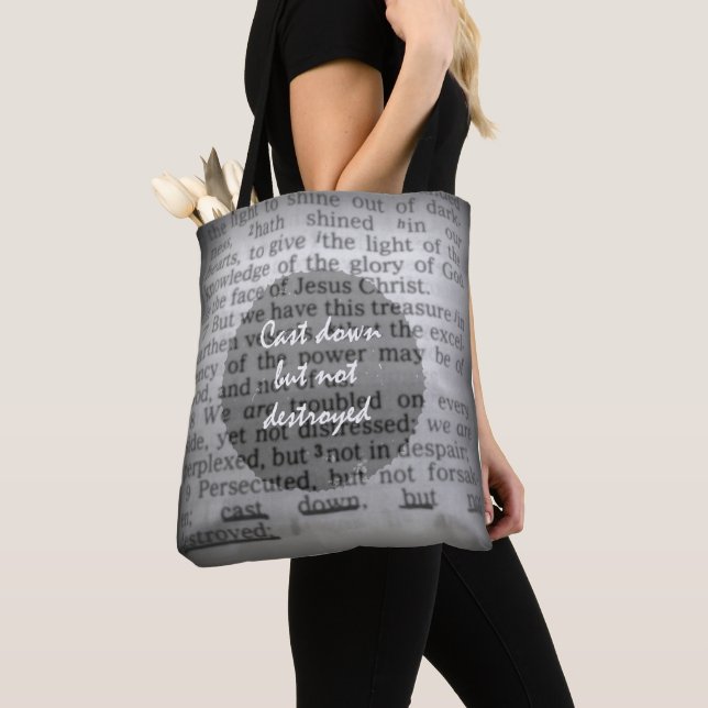 Cast Down, Not Destroyed Quote Bible Tote Bag (Close Up)