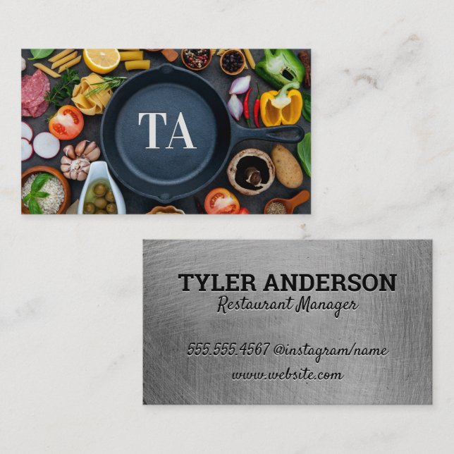 Cast Iron Skillet Food on Table | Monogram Business Card (Front/Back)