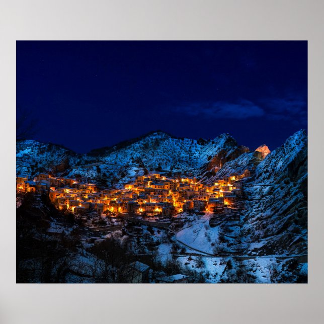 Castelmezzano, Italy - Snowy Winter Night Poster (Front)