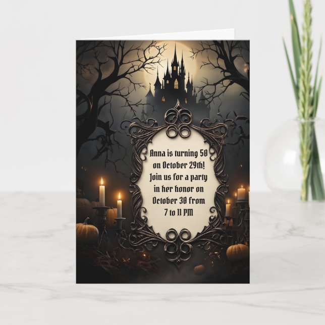 Castle and Spooky Trees Halloween Birthday Party Card (Front)