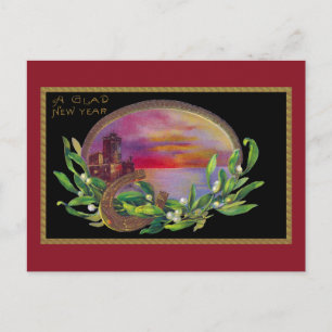 Castle at Sunset Vintage New Year Holiday Postcard