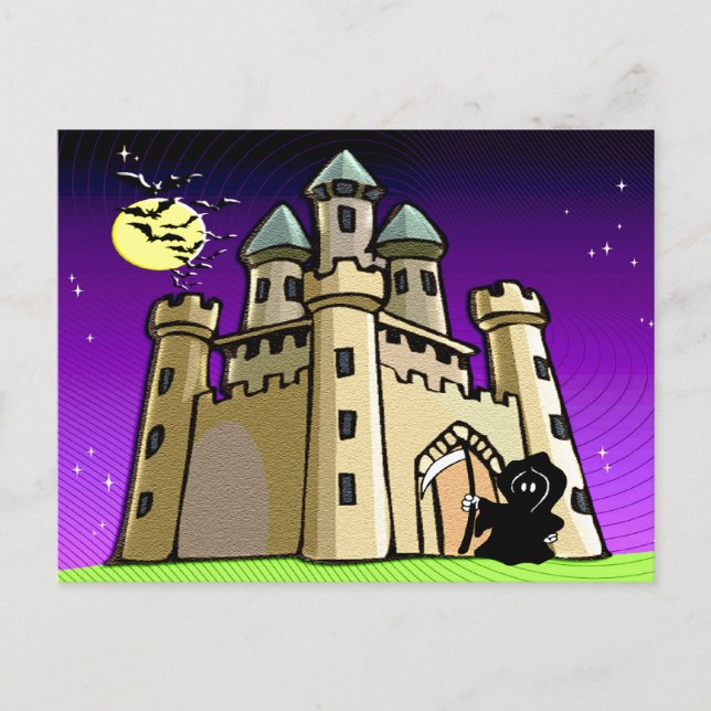 Castle Bats and Grim Reaper at Castle Door Postcard (Front)