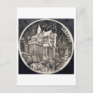 Castle by the Sea. Hobo nickel coin. Postcard