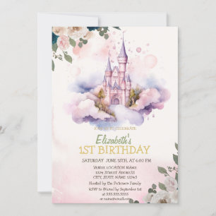 Castle Clouds Flowers Polka Dots Birthday Invitation