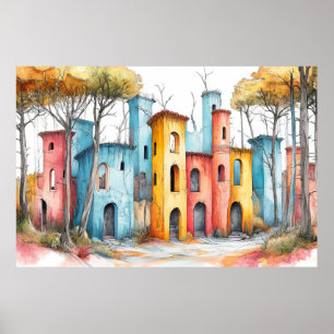 Castle Fortress Illustration Pastel Colour Drawing Poster
