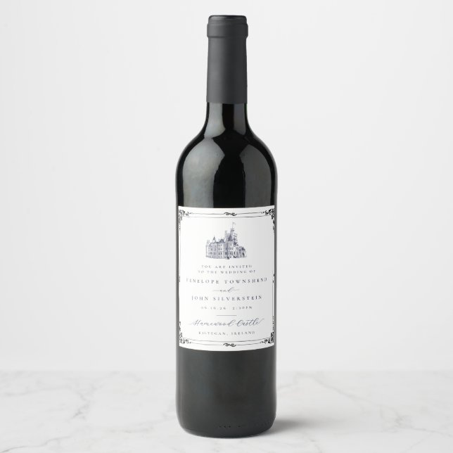 Castle Illustration Border Wedding Invitation Wine Label (Front)