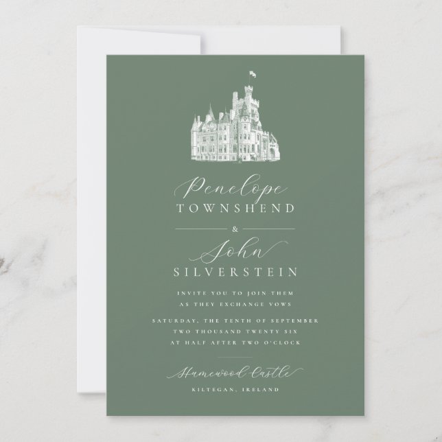 Castle Illustration Calligraphy Name Sage Wedding Invitation (Front)