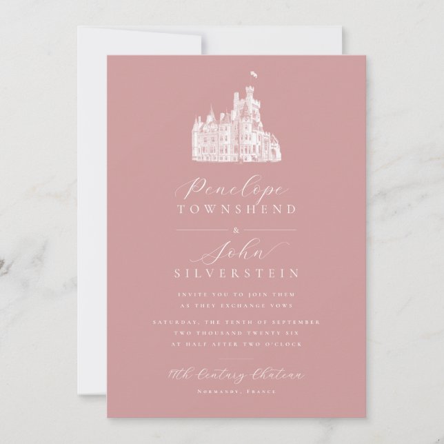 Castle Illustration Script Dusty Rose Pink Wedding Invitation (Front)