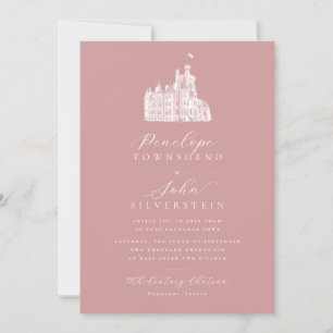 Castle Illustration Script Dusty Rose Pink Wedding Invitation