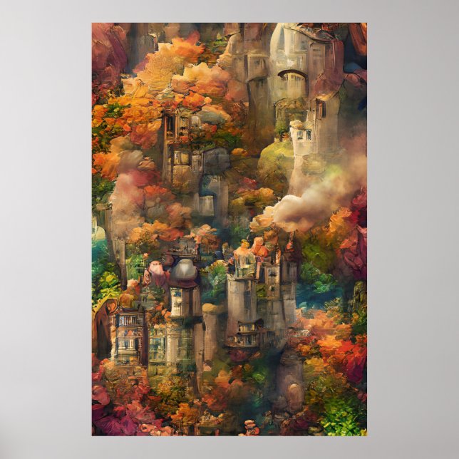 Castle In Forest, Fantasy Jungle, Fall Autumn  Poster (Front)