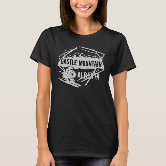 Castle Mountain Alberta ladies dark skier tee (Front)