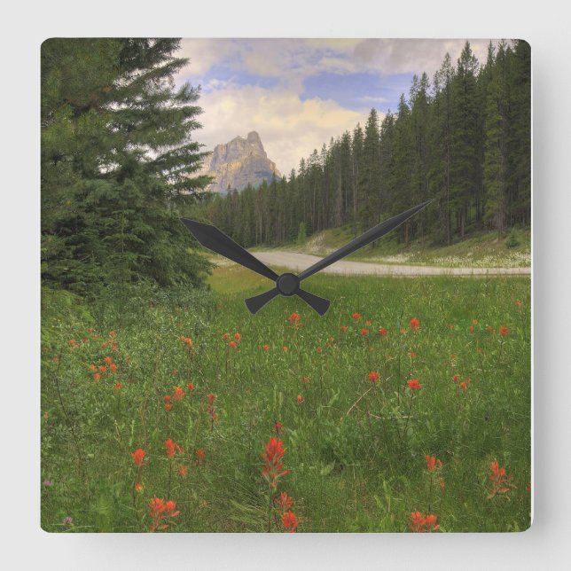 Castle Mountain and Wildflowers Square Wall Clock (Front)