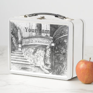 Castle pencilart Monochrome Black & White Metal Lunch Box