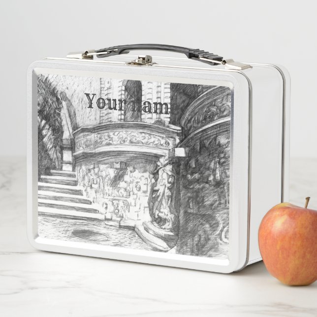Castle pencilart  Monochrome Black & White Metal Lunch Box (In Situ)