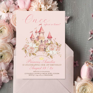 Castle pink rose Princess 1st Birthday Party Invitation