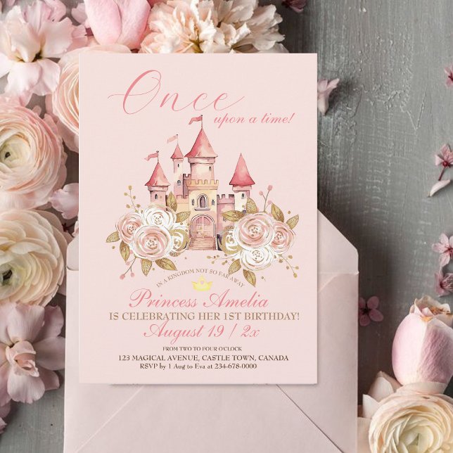 Castle pink rose Princess 1st Birthday Party  Invitation (Creator Uploaded)