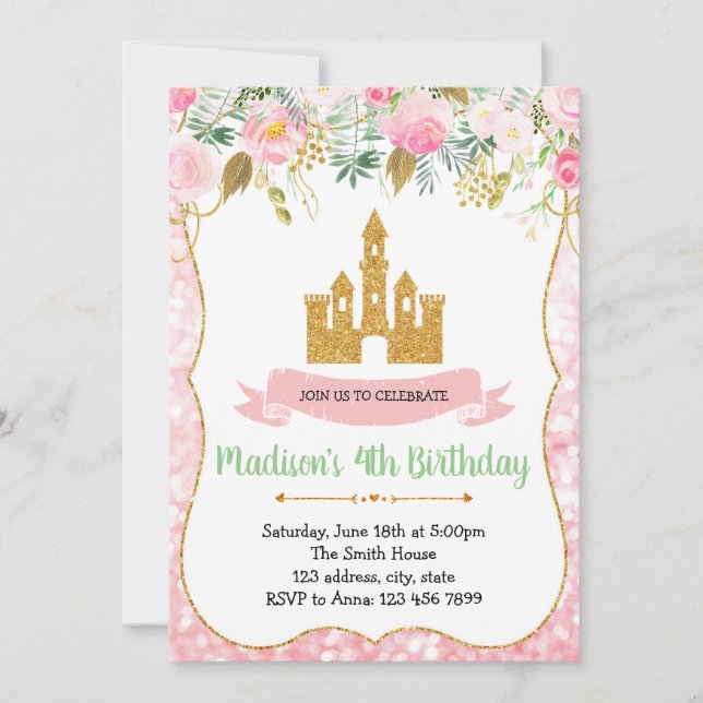 Castle princess birthday party invitation (Front)
