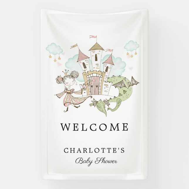 Castle Princess Dragon Baby Shower Welcome Banner (Vertical)