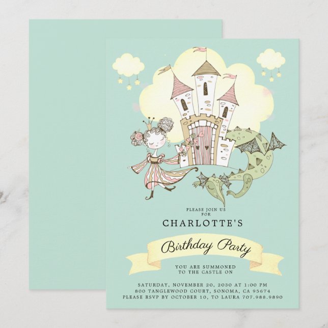 Castle Princess Dragon Girl's Blue Birthday  Invitation (Front/Back)