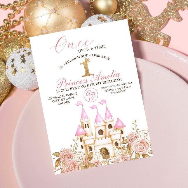  Castle Princess Pink and Gold 1st Birthday Party Invitation (Creator Uploaded)