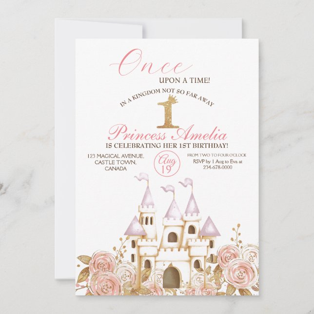  Castle Princess Pink and Gold 1st Birthday Party Invitation (Front)