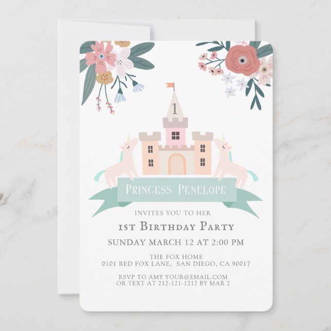 Castle Princess Unicorn Floral Girl 1st Birthday Invitation (Front)