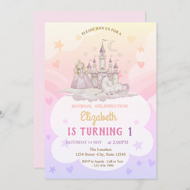 Castle Rainbow Princess Pony Birthday Invitation (Front/Back)