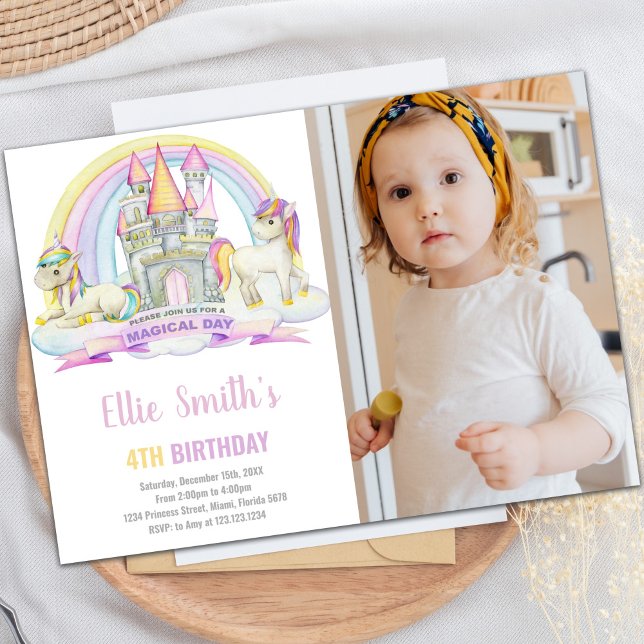 Castle Under Rainbow Unicorn Birthday photo Invitation (Castle Under Rainbow Unicorn Birthday photo Invitation)