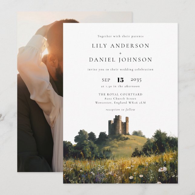 Castle Wildflowers Floral Photo Wedding Invitation (Front/Back)