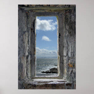 Castle Window Illusion with Seascape View Poster