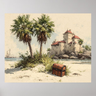 Castle With Palm Trees and Hidden Treasure Chest Poster