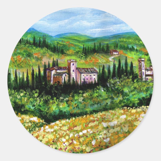CASTLES IN CHIANTI LANDSCAPE ,YELLOW FLOWER FIELDS CLASSIC ROUND STICKER (Front)