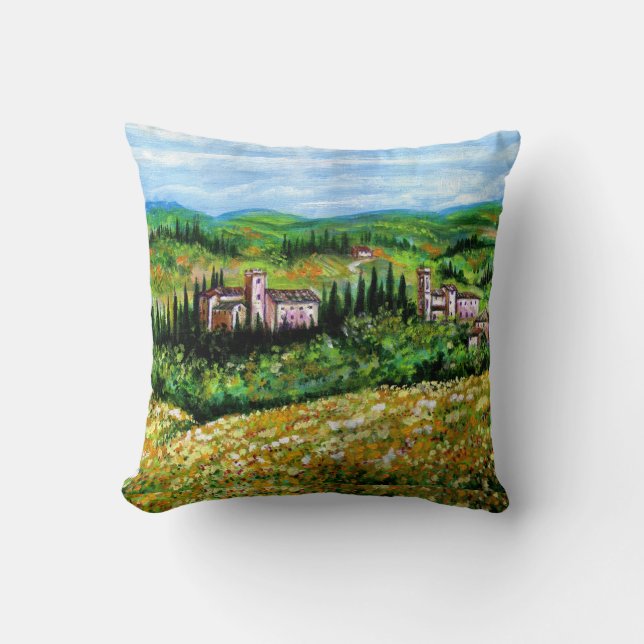 CASTLES IN CHIANTI LANDSCAPE ,YELLOW FLOWER FIELDS CUSHION (Front)
