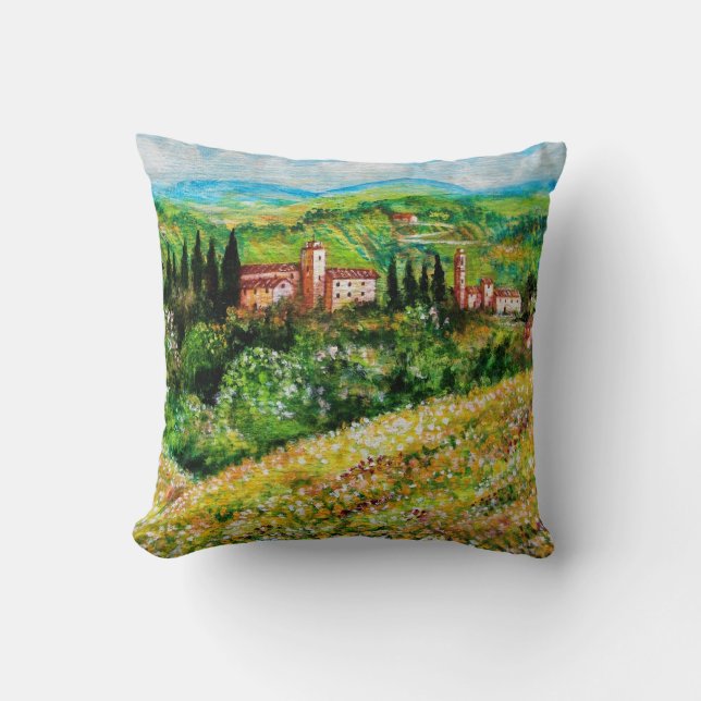 CASTLES IN CHIANTI LANDSCAPE ,YELLOW FLOWER FIELDS CUSHION (Front)