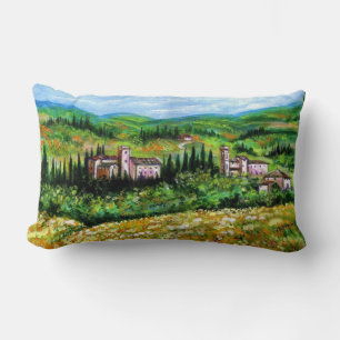 CASTLES IN CHIANTI LANDSCAPE ,YELLOW FLOWER FIELDS LUMBAR CUSHION