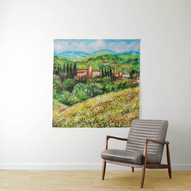 CASTLES IN CHIANTI LANDSCAPE ,YELLOW FLOWER FIELDS TAPESTRY (In Situ (Horizontal))