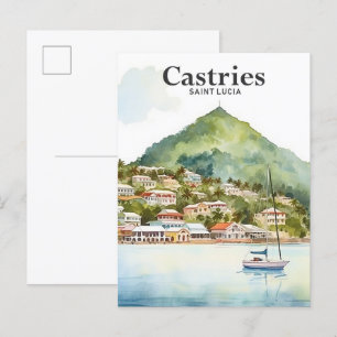 Castries Saint Lucia Watercolor Painting Travel Postcard