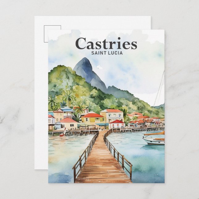Castries Saint Lucia Watercolor Painting Travel Postcard (Front/Back)