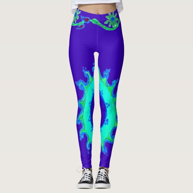 Casual aqua turquoise coral teal and cyan design leggings (Front)