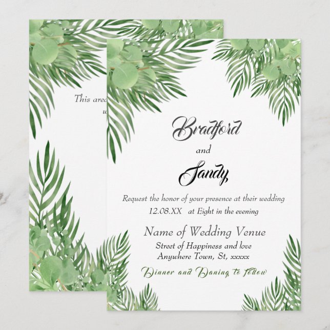 Casual Beach Wedding Green Eucalyptus Palm leaves Invitation (Front/Back)