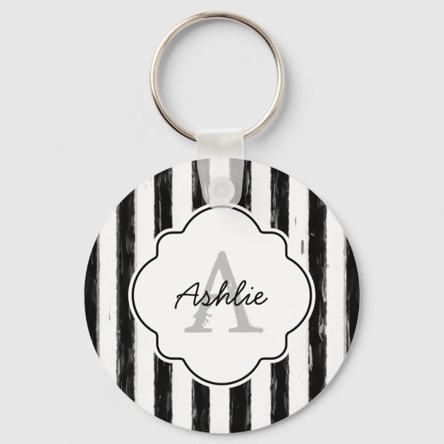 Casual Black Painted Stripes Monogram and Name Key Ring (Front)