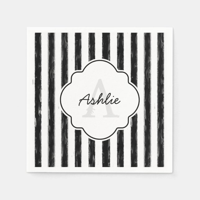 Casual Black Painted Stripes Monogram and Name Napkin (Front)