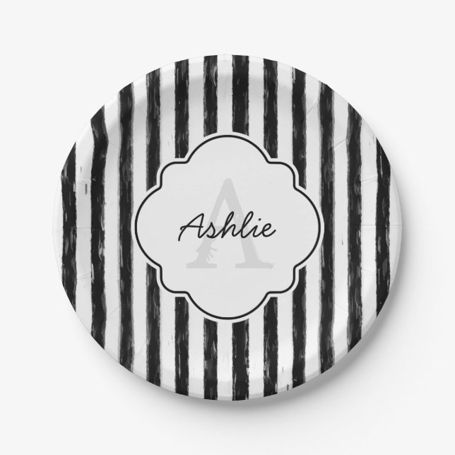 Casual Black Painted Stripes Monogram and Name Paper Plate (Front)