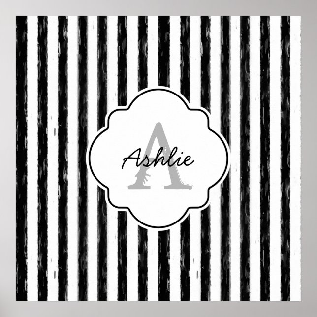 Casual Black Painted Stripes Monogram and Name Poster (Front)