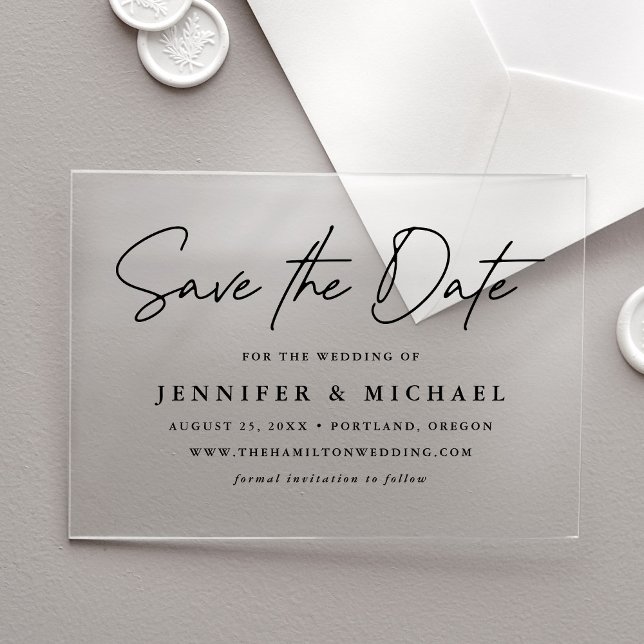 Casual Black Script Wedding Save the Date Acrylic Invitations (Creator Uploaded)