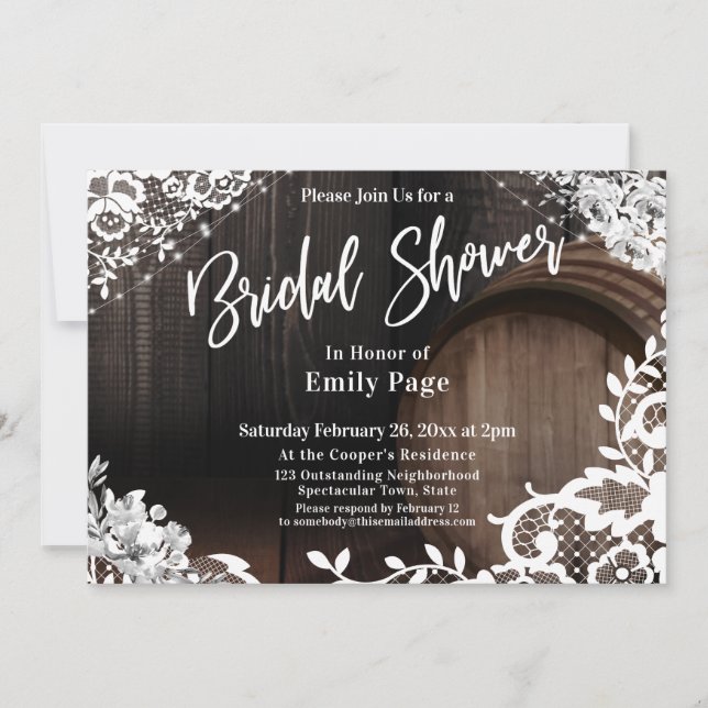 Casual Bridal Shower Barrel Lace Lights & Flowers Invitation (Front)