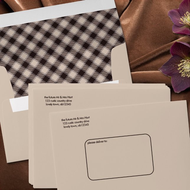 Casual Brown Plaid Lined Retro Wedding Invitation Envelope (Invitation Envelopes from the Casual Brown Plaid wedding collection by Darling & May)
