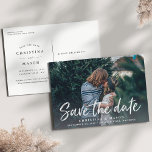Casual Brush | Photo Save the Date Announcement Postcard<br><div class="desc">A modern save the date postcard designed to accommodate your favorite horizontal or landscape oriented full-bleed engagement photo. "Save the date" appears near the bottom of your photo in a fresh, casual handwritten brush marker typography style. Personalize with your names, wedding date and wedding location beneath. Postcards reverse to show...</div>